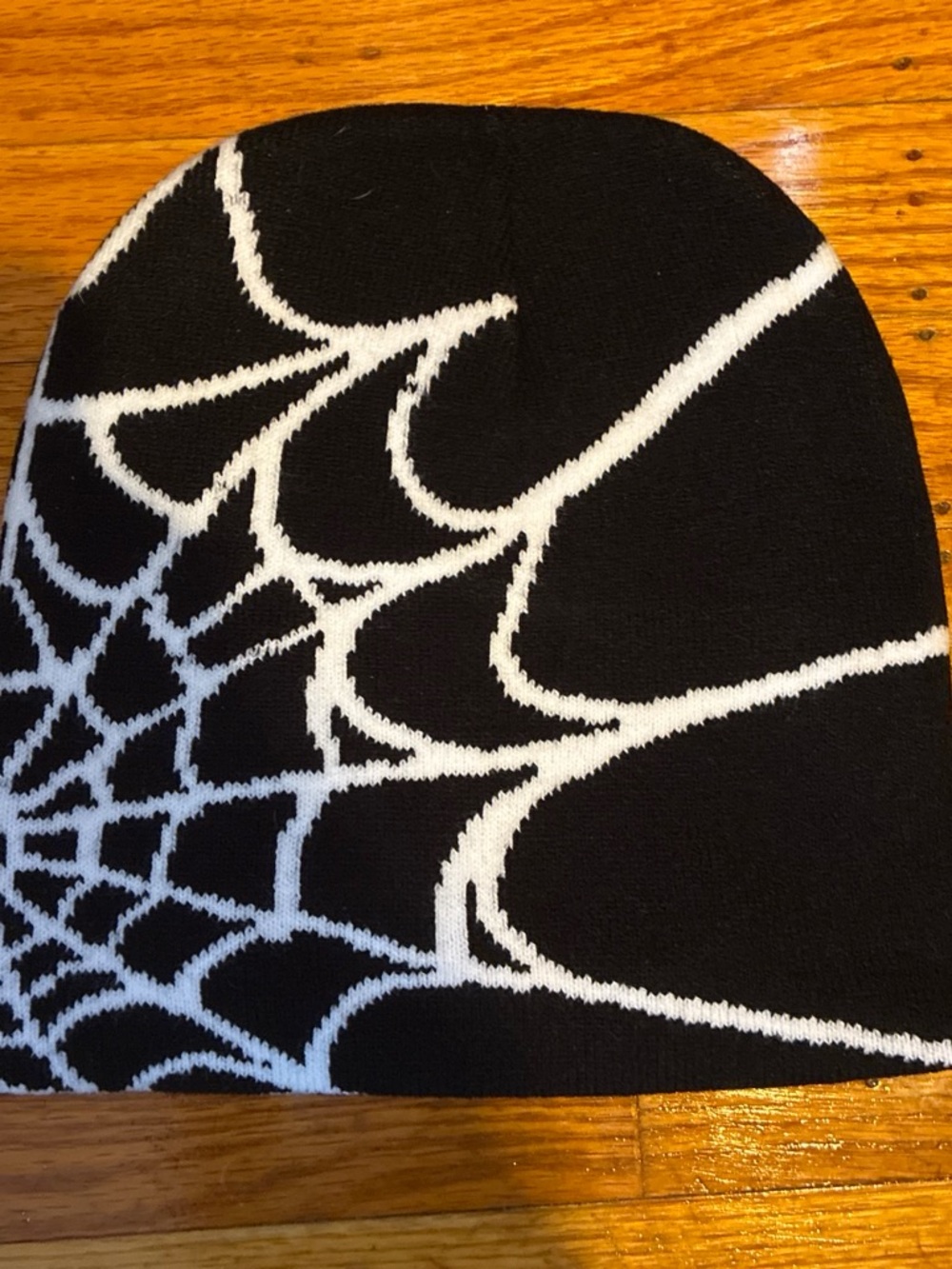 Mens Black & White Spider Web Beanie Hat